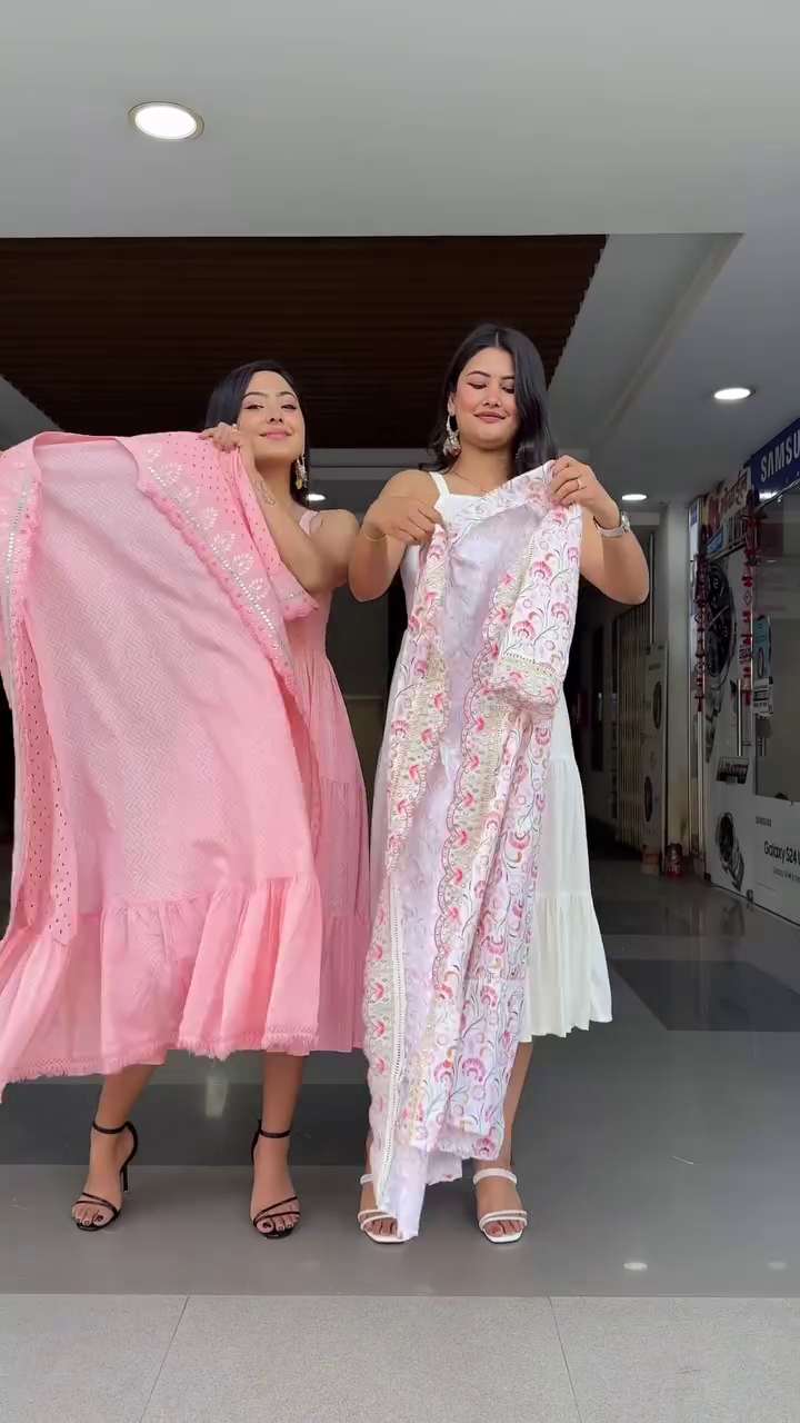 Pink Floral Embroidered Tiered Cotton Fit and Flare Midi Dress With Shrug - Image 12