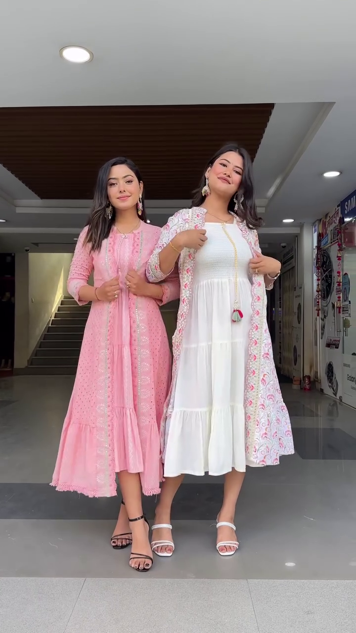 Pink Floral Embroidered Tiered Cotton Fit and Flare Midi Dress With Shrug - Image 8