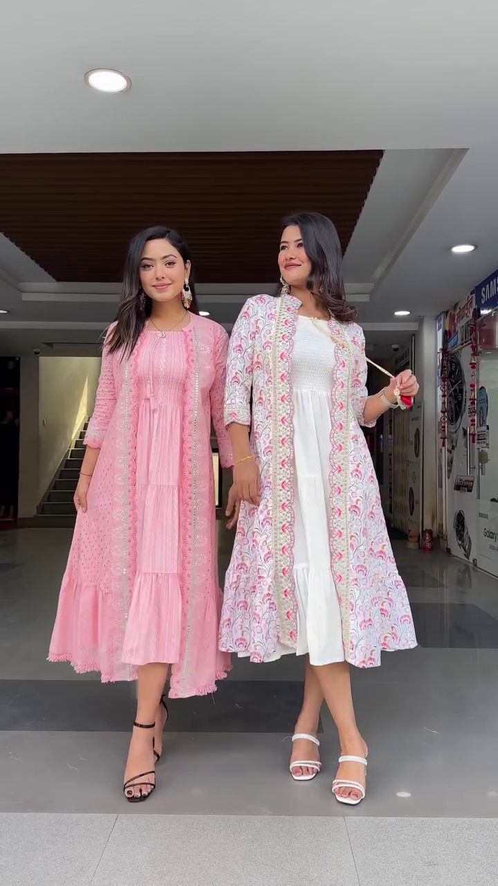 Pink Floral Embroidered Tiered Cotton Fit and Flare Midi Dress With Shrug - Image 6