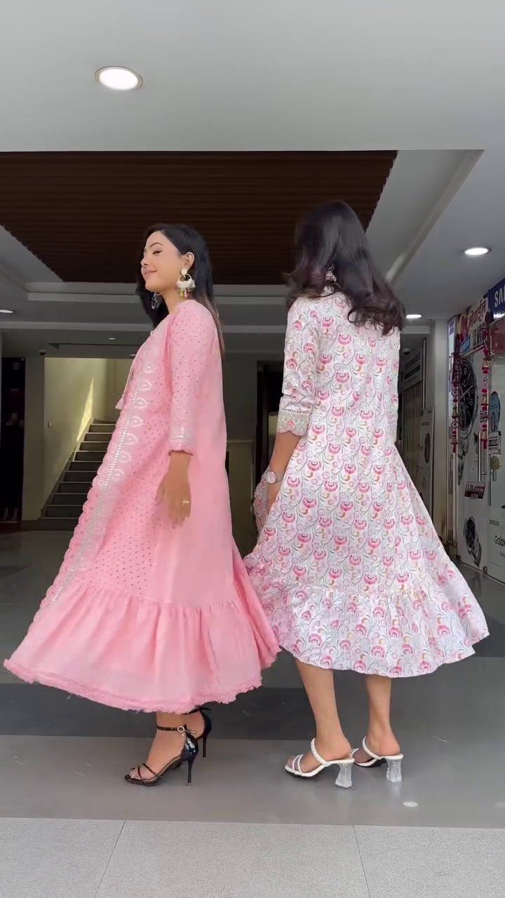 Pink Floral Embroidered Tiered Cotton Fit and Flare Midi Dress With Shrug - Image 5
