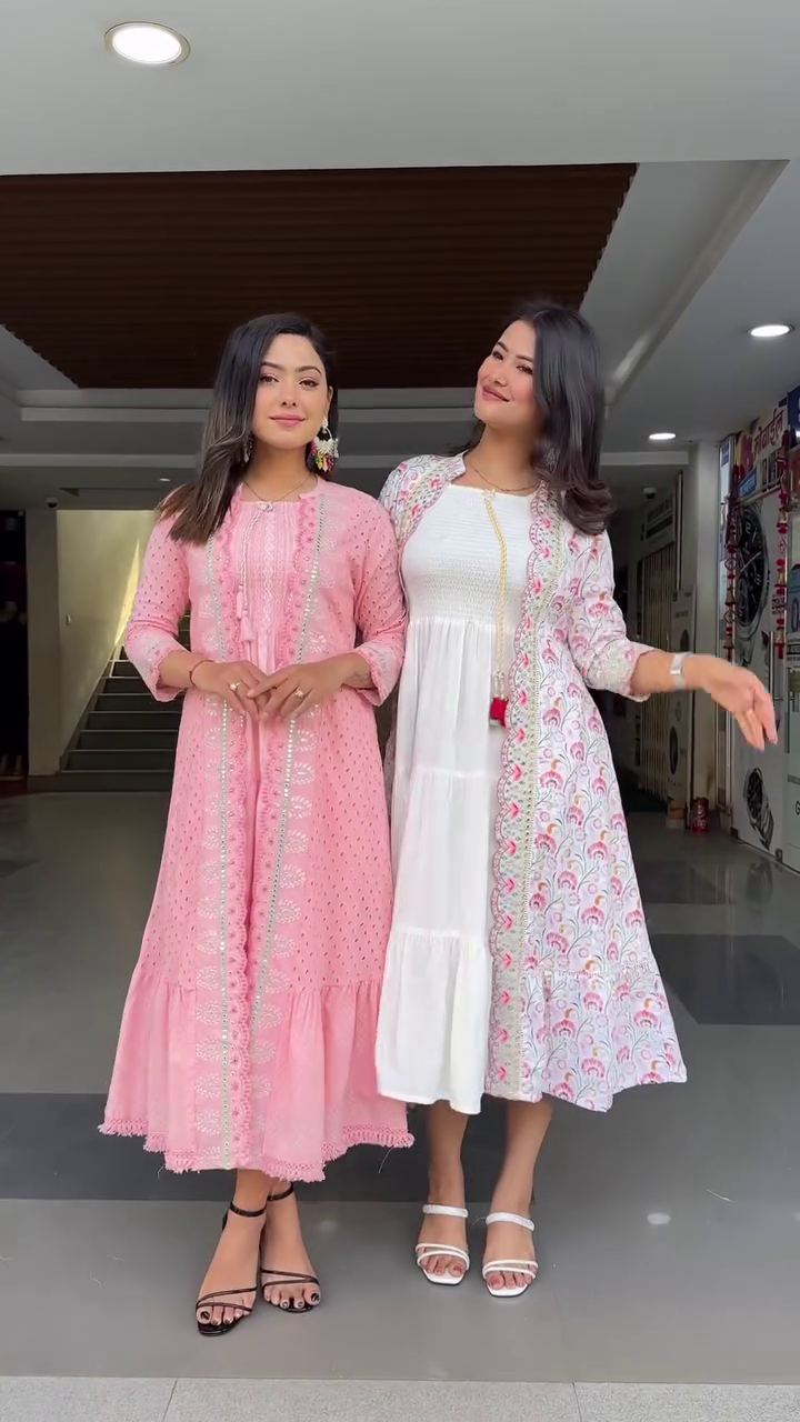Pink Floral Embroidered Tiered Cotton Fit and Flare Midi Dress With Shrug - Image 3